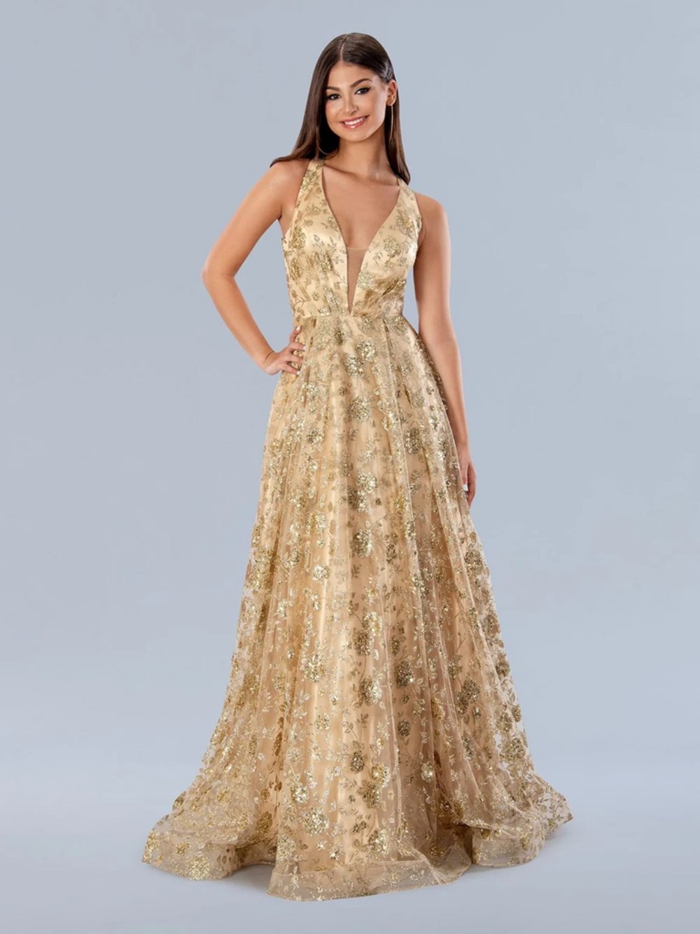 Gold Floral Plunge Maxi Dress